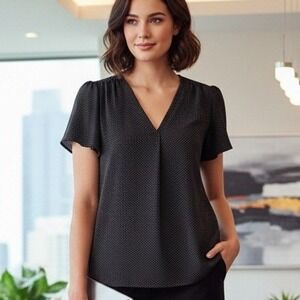 Hilary Radley $85 XXL Black White Polka Dot V-Neck Blouson Short Sleeve‎ Blouse